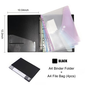 A4/Long Binder Folder with Loose Leaf File Bag for 2/3/4 Ring Binder Paper Organizer with Transparent Binder Pocket