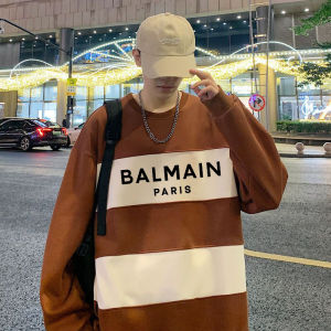 Original BALMAINˉPARIS Pure Cotton Heavyweight Round Neck Striped Long Sleeved T-Shirt for Men and Women Spring and Autumn Japanese High-End Fake Two-Piece Simple Pullover Bottom Shirt