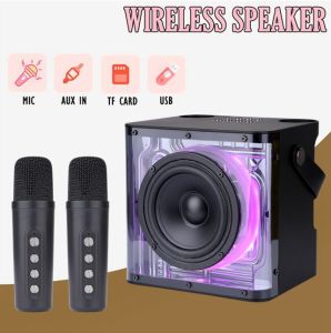 QIXI SK-2062 RGB HiFi Stereo Sound Wireless Bluetooth Karaoke Transparent Design Speaker with Two Wireless Microphone