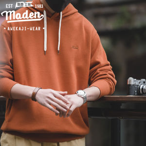 Maden brand men 2025 new Japanese retro old distressed 1930S LOCK HOOD sweater simple solid color casual wild hip-hop student sunshine campus style rose red long-sleeved sweater