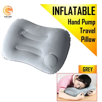 SG Seller FAST Delivery – Inflatable Pillow Head Rest Built-In Pump Back Neck Air Cushion Headrest Backrest Neckrest For Travel Airplane Flight Train Car Vacation Camping Outdoor Home Use - BLACK/GREY Flocked Fabric Material Accessories