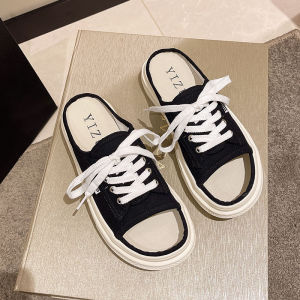 Free Shipping 2026 Summer New Thick-Soled Half-Slip Flat Canvas Shoes For Women Niche Versatile Casual Shoes Lightweight Slippers