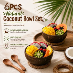 6PCS Natural Coconut Bowl Set with Spoon & Base Salad Oatmeal Reusable Coconut Shell Home Tableware