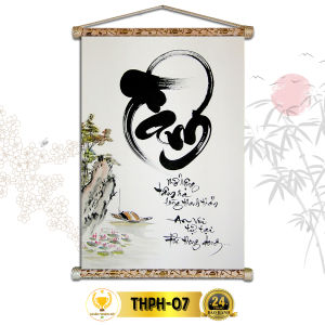 Tranh Thư Pháp Treo Tường Chữ Tâm CHÂN THIỆN MỸ Chất Liệu Vải Lụa Kim Sa Khung Gỗ 40x60cm THPH-07