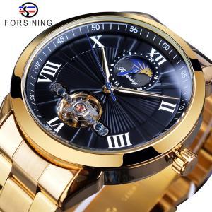 new Forsining mens stainless steel tourbillon design black moon phase dial mens automatic mechanical watch top brand luxury. Mens gift