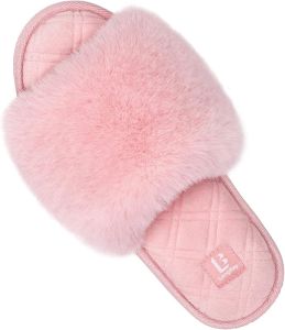 LongBay  Womens Plush Faux Fur Memory Foam Comfortable Flat Shoes  SPA  Slippers Comfortable Open Toe Slip-On Home Shoes Sandals