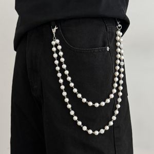 LUXELU Lớp đôi Dây xích quần Ngọc trai giả Quà tặng Dây xích quần jean Tinh tế Hiphop Móc khóa đính đá và hạt Nam giới