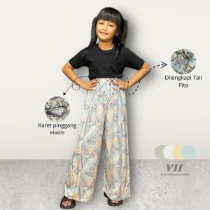Paket Bundle 3 Pcs Celana Panjang Kulot Anak Perempuan Rayon Motif Usia 6-17 Tahun Bahan Rayon Twill Motif Mix Variasi /Pinggang Karet/Tali Serut/Random Motif/Celana Semi Rok/Bawahan Anak Perempuan
