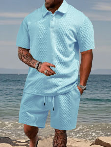 2025 Summer New Mens Casual Sportswear Polo Shirt With A Lapel Mens Short-sleeved Shirt And Shorts Jacquard Texture Suit