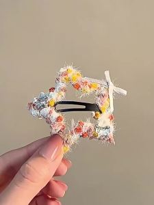 2026 Hot Sale [ Shipped from China ] Plush star hair clip with bow for bangs BB Orange Island-style hair clip with yarn rhinestones and stars elegant side hair accessory B3