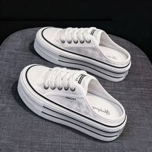 Thick-Soled Lace Canvas Slip-On Shoes For Women 2026 Spring/Summer New Style Slip-On Lazy Shoes With Closed Toe White Half-Slippers