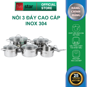 Bộ nồi quánh 3 đáy inox 304 cao cấp FiveStar Plus kiểu Silit 5 chiếc nắp kính (quánh16cm xN16cmx2N 20cm x1N24cm )