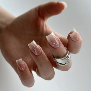 24x French Tip Full Cover False Nail White Wavy Lines Press On Nail Short Square Stick On Nail Acrylic Nail for Daily
