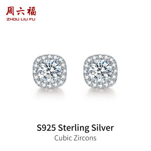 ZHOU LIU FU 周六福 S925 Sterling Silver Earrings Cubic Zircons Earrings Round Design Jewelry Gift for Women Girl J0912888