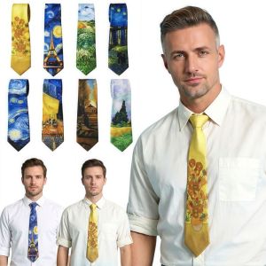 CHUAN Flower Oil Painting Mens Ties Vintage Van Gogh Casual Necktie Unique Polyester Slik Bow Tie Shirt Party Accessories