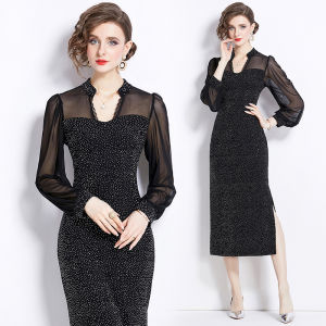 Impression Fashion Women Elegant Rhinestones Net Yarn Patchwork Long Lantern Sleeve Cinched Waist Sheath Formal Long Dress Plus Size