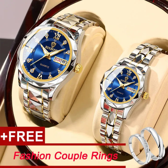 With Couple Rings BINBOND 2Pcs Set Couple Watches Original Luxury Elegant Stainless Steel Diamond Quartz Watch With Double Calendar Fashion Casual Valentine s Day Gift for Women and Men Lazada Singapo...