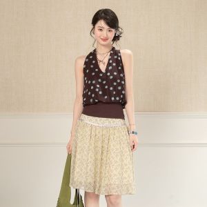 Áo Cổ Yếm Chấm Bi Nữ Cổ Chữ V Phong Cách Retro Mùa Hè Áo Không Tay Ôm Dáng
