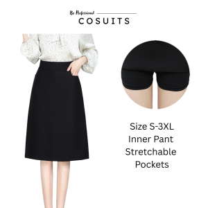 Cosuits Women Work Wear High Waisted Midi Length Formal Office Stretchable Office Ladies Black Skirt with Inner Pant Plus Size S-3XL
