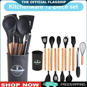 [Wild Camping]12 ชิ้นชุดเครื่องครัวชุดเครื่องมือทำอาหารไม้ Handle เครื่องครัวทนความร้อน Non - Stick ไม้พายชุดอุปกรณ์ครัว