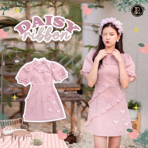 BLT BRAND การันตีเสื้อผ้าแบรนด์แท้ มินิเดรสสีชมพู แขนสั้นพองๆ น่ารักหวานๆ ใส่ไปเที่ยว DAISY RIBBON