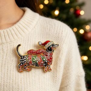 COVIEEZB Men răng Trâm cài Giáng sinh Chó Chó Dachshund Trâm cài đính đá pha lê Mới Độc đáo Trang sức Giáng sinh