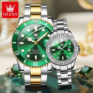OLEVS 2022 New Fashion Causal Couple Watch Set Original Watches For Men And Women Christmas Gift waterproof Stainless Steel Strap Leather Strap Elegant Green