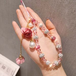 SDAYG Anti-Lost For Phone Case Crystal Hand Strap Short Cord Bracelet Beads Chain Flower Pendant Wrist Straps Mobile Phone Strap Cell Phone Lanyard Lanyard