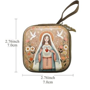 CHUAN 7x7cm Prayer Rosary Storage Bag Zippered Virgin Mary Religious Articles Portable Cartoon Christian Jewelry Box Devotees