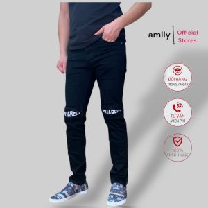 Quần jean nam đen AMILY rách gối lót vá chữ Ống Côn Ôm Dáng Skinny Chất Bò CO GIÃN Kiểu Mới Nhất 2024