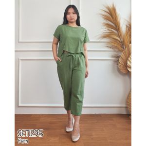 Mihar store / COD 1295 - Setelan wanita dewasa atasan dan bawahan polos blouse pendek dan celana panjang 7/8 bahan linen / One set lengan pendek terbaru kekinian casual style