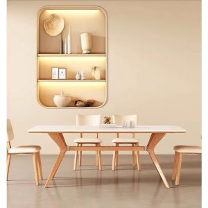 Cream style solid wood rock board dining table rectangular household small unit modern and simple Nordic bright dining table and chair combination