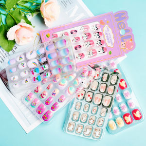 ZEEMIN 24Pcs Child Cute Cartoon Fake Nails Tips Acrylic Kids Press on Nail Kawaii Flower Cats Childrens Full Cover Wearable False Nail