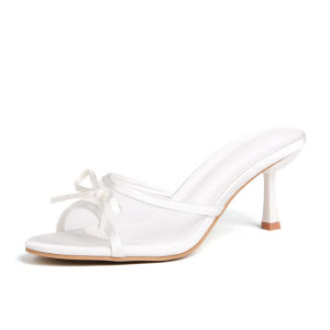 Mesh Breathable High-Heel Mules For Women Popular Peep-Toe Ladies Half-Slippers With Bow Accessories In-Stock WomenS Shoes In Multiple Colors
