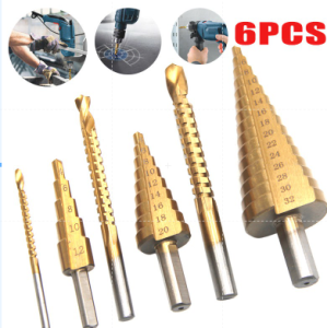 6Pcs Gerudi Step Drill Bit Titanium Coated HSS Drill Bit Universal Hole opener Cutter 4-32mm Metal Tool Kit Plank Reaming groove Tool Kit 阶梯钻 中心冲