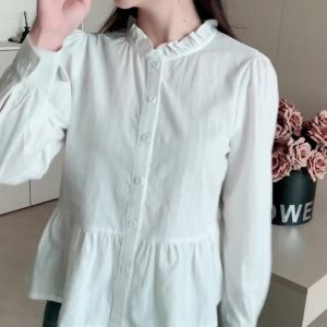 AMMIN Spring and Autumn New 2025 Lotus Leaf Stand Collar Fashion Single-Breasted Long Sleeve Commuter Pure Cotton Shirt for Women Korean Style Unique Waist-Cinching Lotus Leaf Hem Design Elegant Blouse