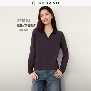 Giordano Beau Monde Women Contrast skipper collar long sleeve polo shirt Free Shipping 13316653