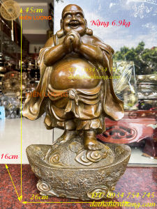 Tượng di lặc bằng đồng đứng thỏi vàng màu nâu giả cổ DxRxC 26x16x45cm nặng 6.9kg