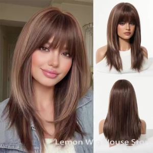 Warm Brown Synthetic Wig with Bangs Medium Long Straight Hair Natural Layered Wigs for Women Daily Party Wig Heat Resistant