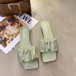 [Free Shipping] WomenS New Summer 2026 Flat Sandals Korean Style Fashionable Ruched Slippers For Outdoor Wear Square-Toed Slide Sandals