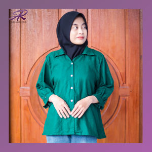 Atasan Kemeja Wanita Polos Linen Rami Lengan Mangset Modern Stylish Warna Hijau Botol