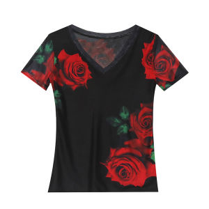 REHIN Áo Nữ Thời Trang Mùa Hè Áo Thun Tay Ngắn In Hoa Màu Đỏ Lưới Áo Cánh Cổ Chữ V Mỏng Thanh Lịch S-3XL