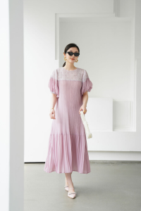 Miyake Pleated Long Dress Baby Doll Sleeve Pleated dress Free Size #5355