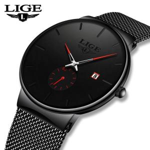 LIGE Mens Watch Ultra thin Waterproof Stainless Steel Strap Fashion Casual Analog Quartz Wrist Watch