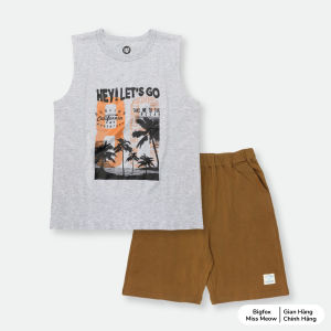 Đồ bộ bé trai ba lỗ sát nách Bigfox Miss Meow size đại mặc nhà mùa hè vải cotton thoáng mát cỡ 12-15 tuổi 40kg - 50kg