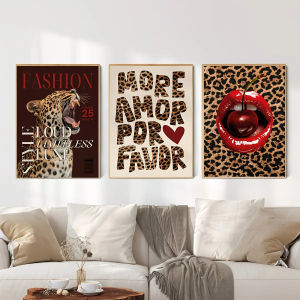 WoodAcre Decorative painting 3-piece leopard print fashion style INS style wall decoration painting poster printing waterproof frameless rectangular tape decorative art
