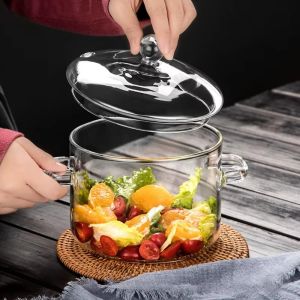W0AGZ4J2 1350/1900ml Glass Stew Soup Pot Bowl with Handle High Borosilicate Clear Cooking Pot Multipurpose Heat Resistant Glass Saucepan Kitchen Cooking Tools