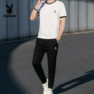 PLAYBOY 2023 Fashion Mens Summer Breathable Short Sleeve T-Shirt + High-Quality Sports Pants