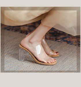 MYJUMP New summer transparent sandal women thick-heel crystal high-heeled shoes(Standard size )#991