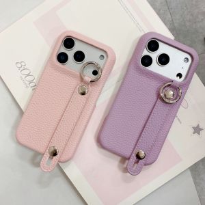 Litchi Leather Hand Strap Matte Case for iPhone 17 Pro Max 16 15 14 13 12 11 XR X Slim Wristband Kickstand Phone Cover Funda